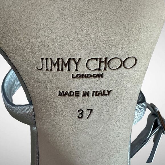 Jimmy Choo Rheea 65 mm Metallic Silver Leather Sandal Block Heel Size EU 37 US 7 - Picture 8 of 15